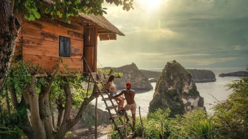 man in red t-shirt sitting on brown wooden ladder near green trees during daytime